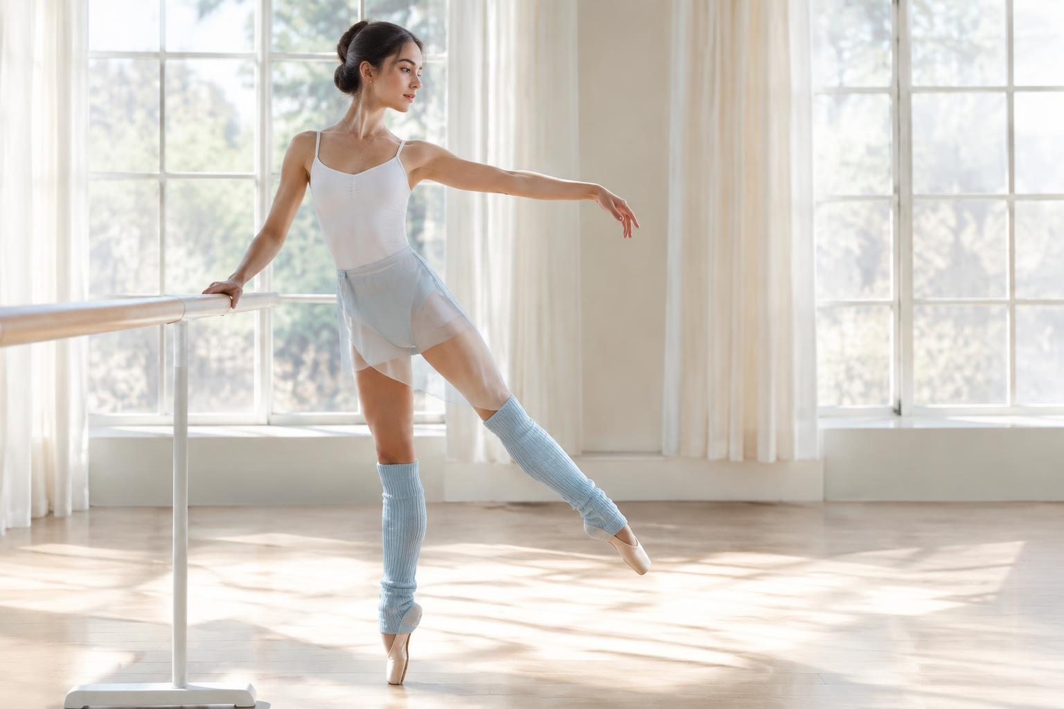 Bailarina en la barra con calentadores baby blue