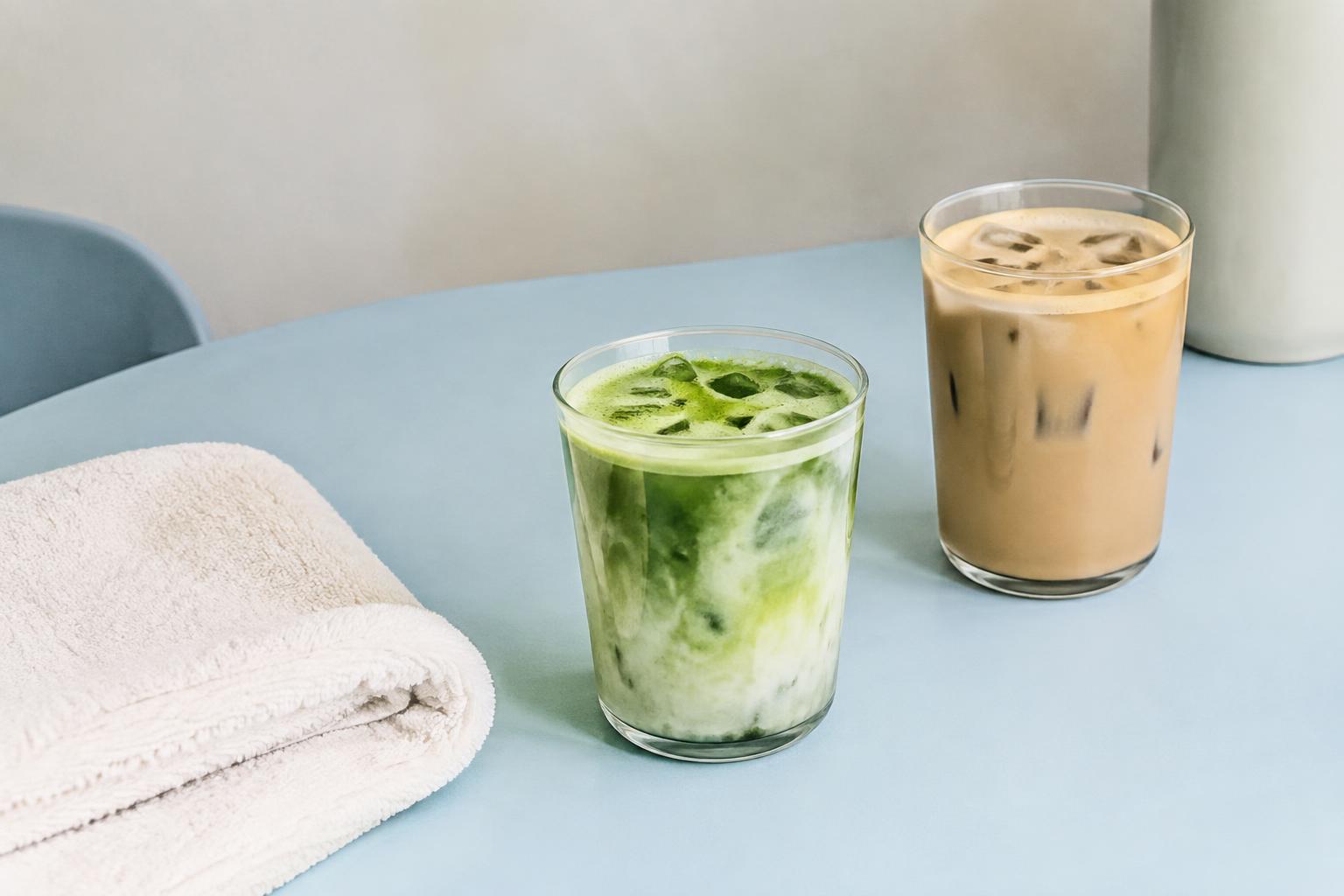 Matcha y café frío sobre una mesa azul claro